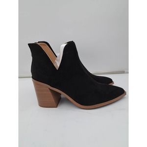 Faux Black Suede back zipper wood stacked block heel pointy toe boots 9.5